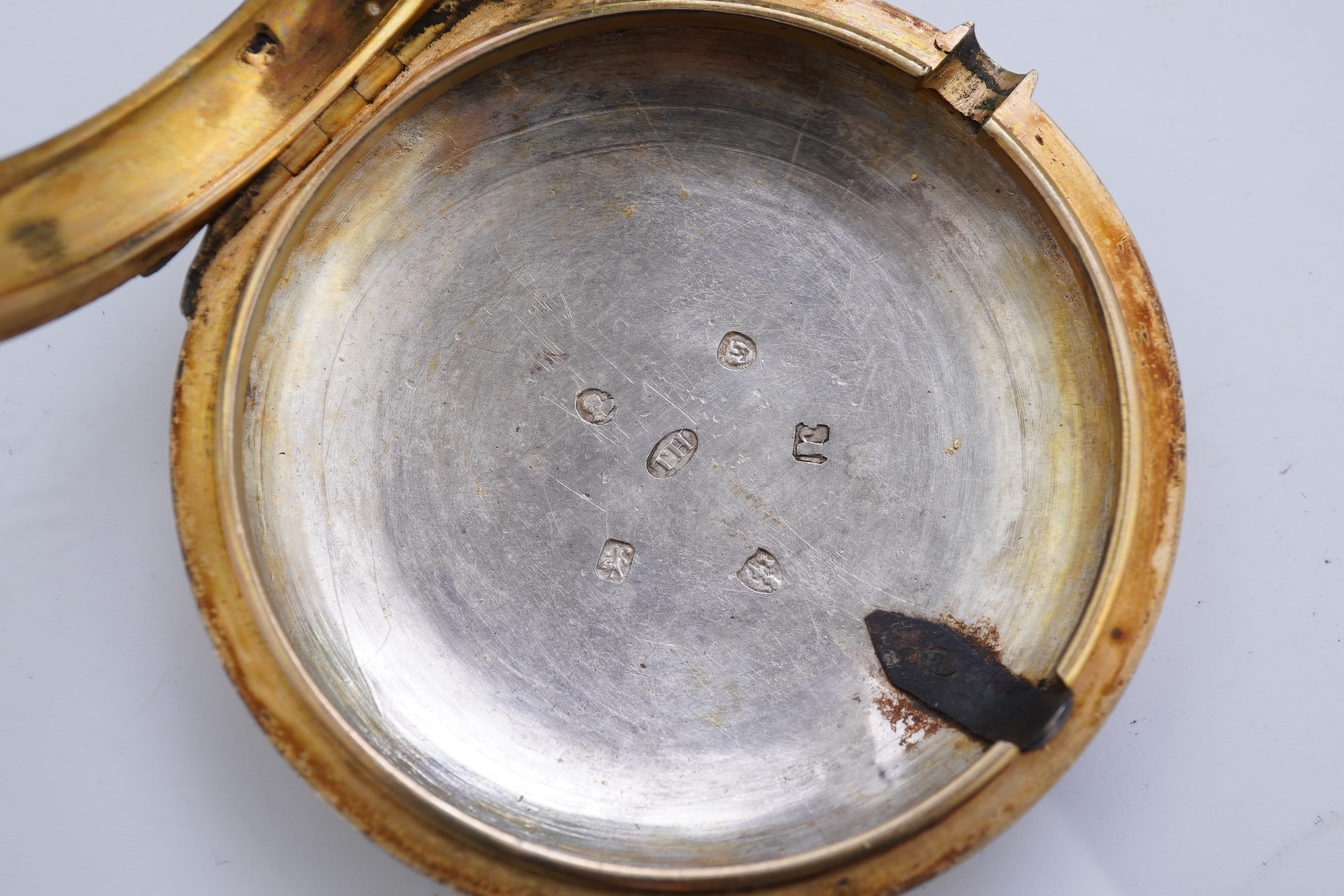 A George III silver gilt pair cased rack lever keywind pocket watch by P. Litherland & Co, Liverpool, with Roman dial and subsidiary seconds (hand missing)